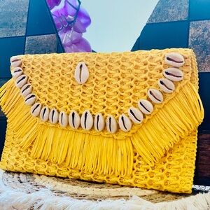 Yellow Woven Clutch with Shell Accents